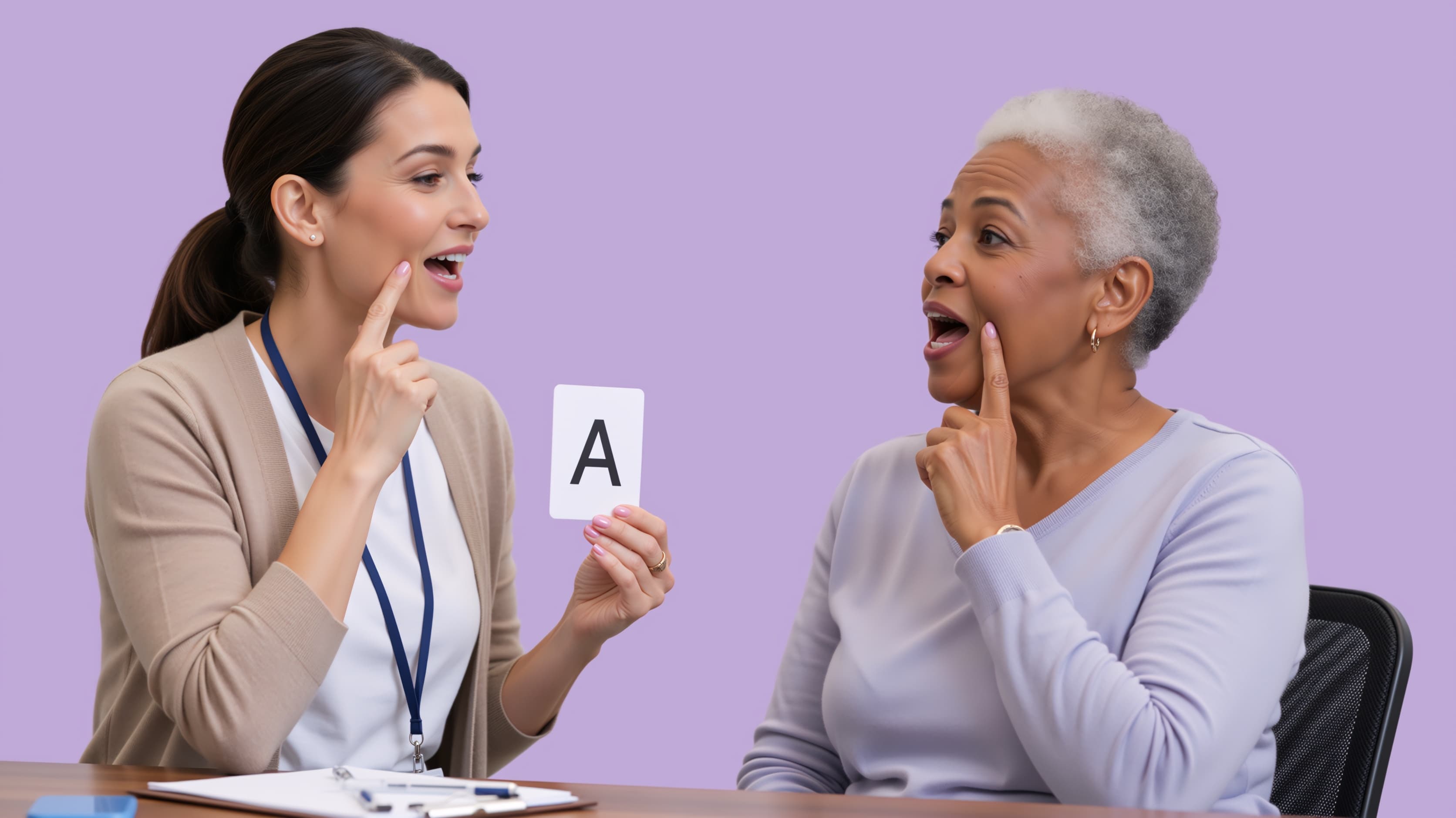 A speech-language pathologist working one-on-one with a patient during a therapy session