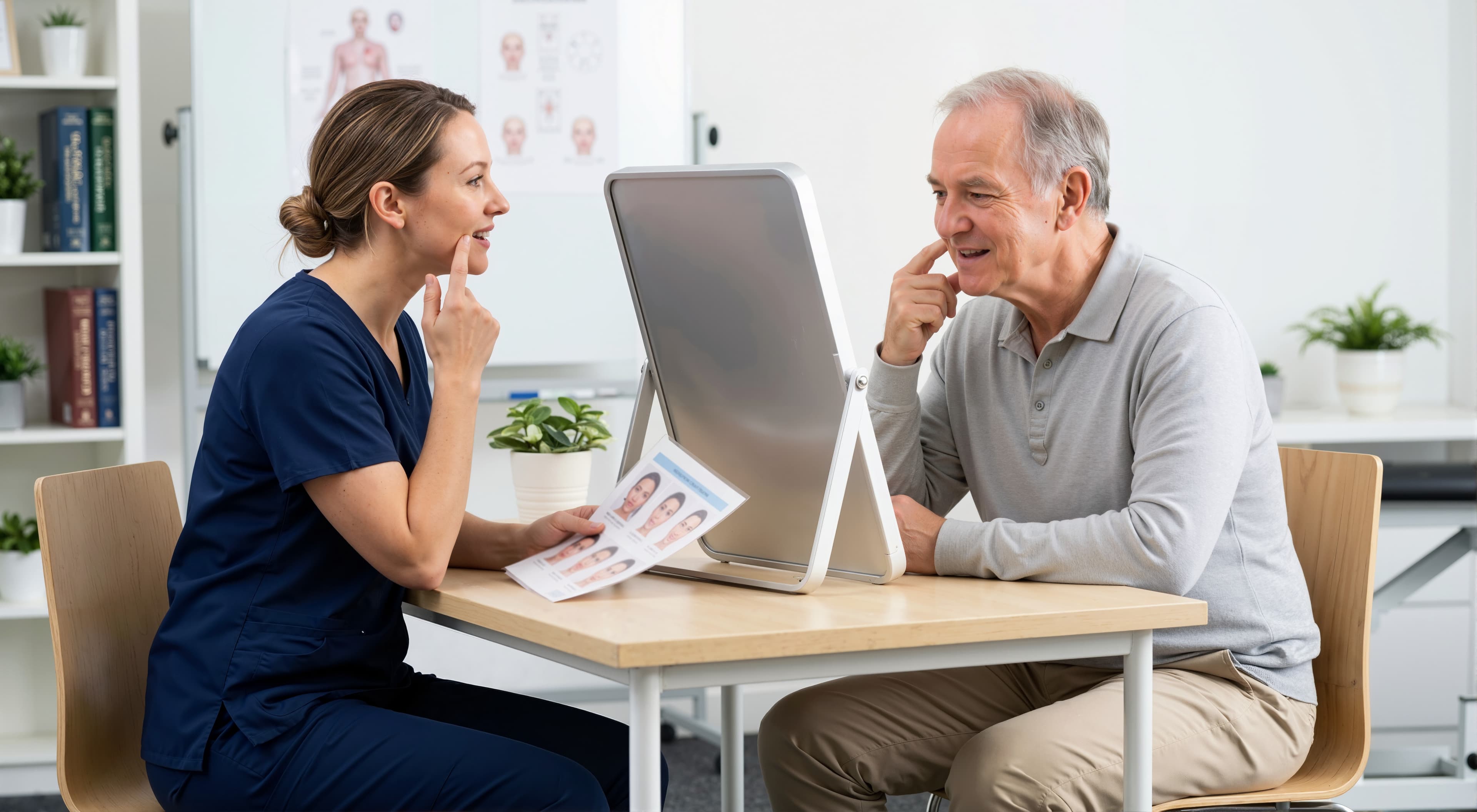 Speech therapist and patient practicing speech together, mirroring mouth shapes