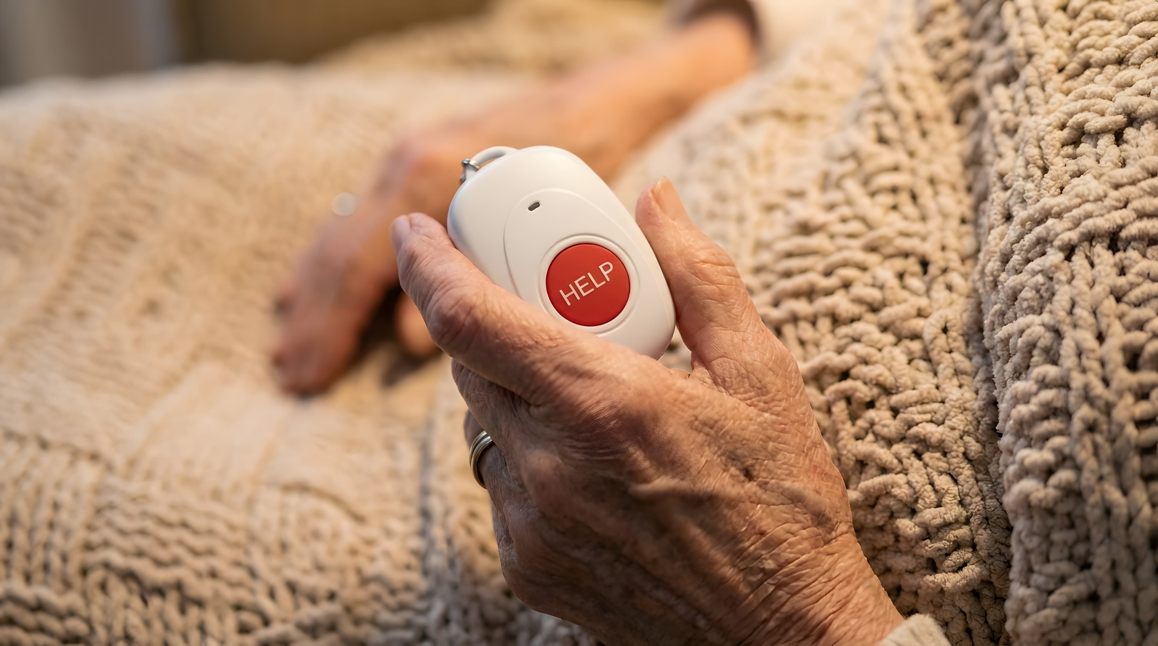 Close-up of an older adult's hand holding a red HELP call button